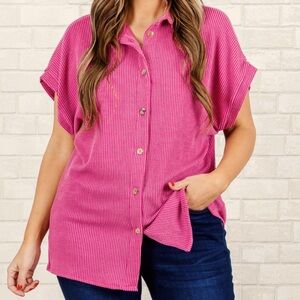 Chic Soul Pink Textured Button Down Short Sleeve|Chic Soul Pink Shirt Size 2X